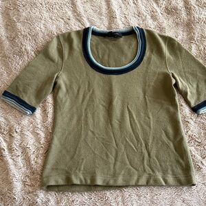 Marc Jacobs Cashmere Olive Green Short Sleeve Knit Top with Striped Trim M